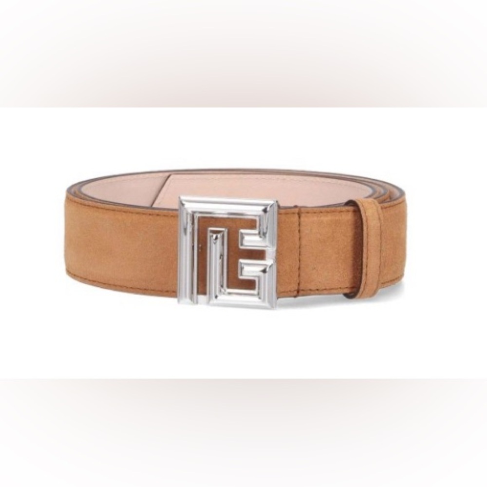 NWT Balmain Tan Suede Belt Logo Belt with Silver Buckle 42 inches